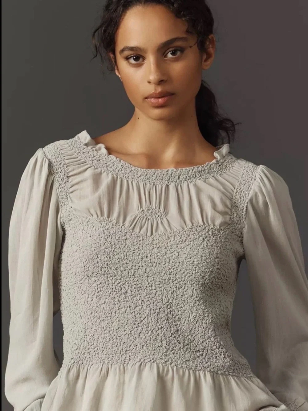 Anthropologie Balloon Sleeve Smocked Peplum Blouse Sage Green Size S - Picture 2 of 11